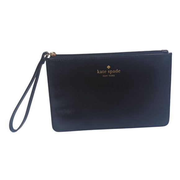NWOT New Kate Spade Leather Wristlet Clutch Zipper Pouch Black and Gold - Picture 3 of 8